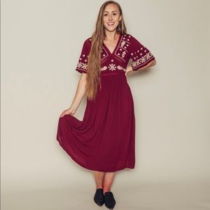 Embroidered wine tea length dress